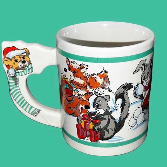 Vintage 80s Christmas Animal Mug Teddy Bear Wolf Penguin Fox Coffee Cup - Picture 2 of 7